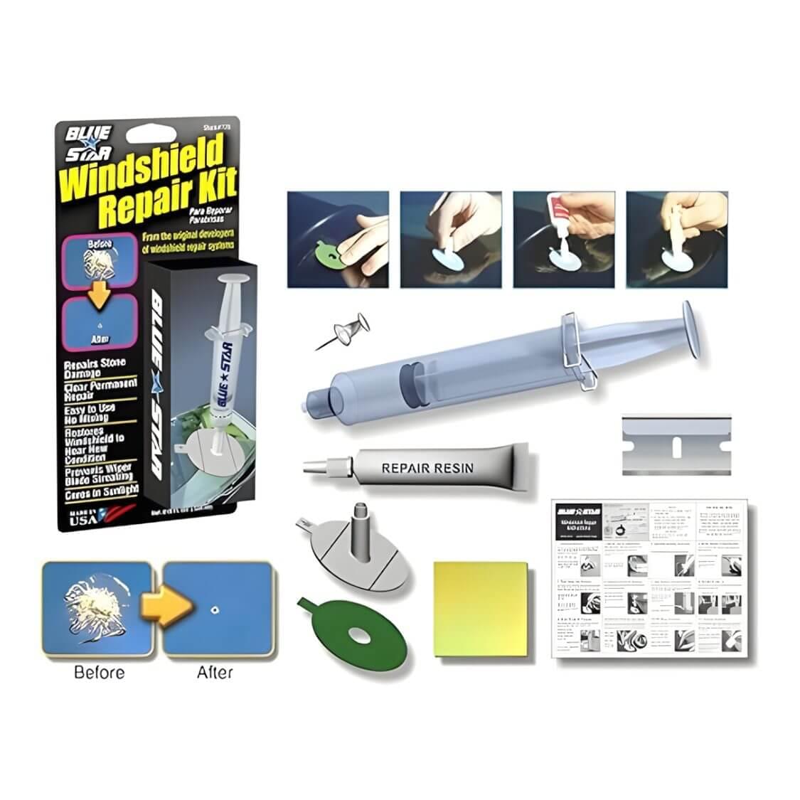 Blue Star Windshield Do It Yourself Windshield Repair Kit Resin, Glass Repair KIT Stone Damage CHIP Model # 777 Prevent.